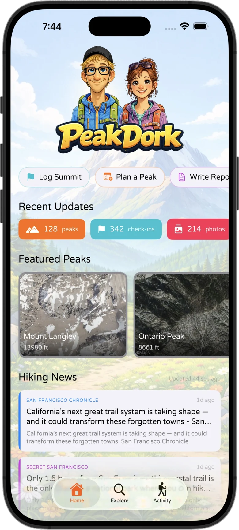 PeakDork iPhone screenshot — the home screen, with quick actions to log a summit or plan a peak, recent-update counts, featured peaks and hiking news