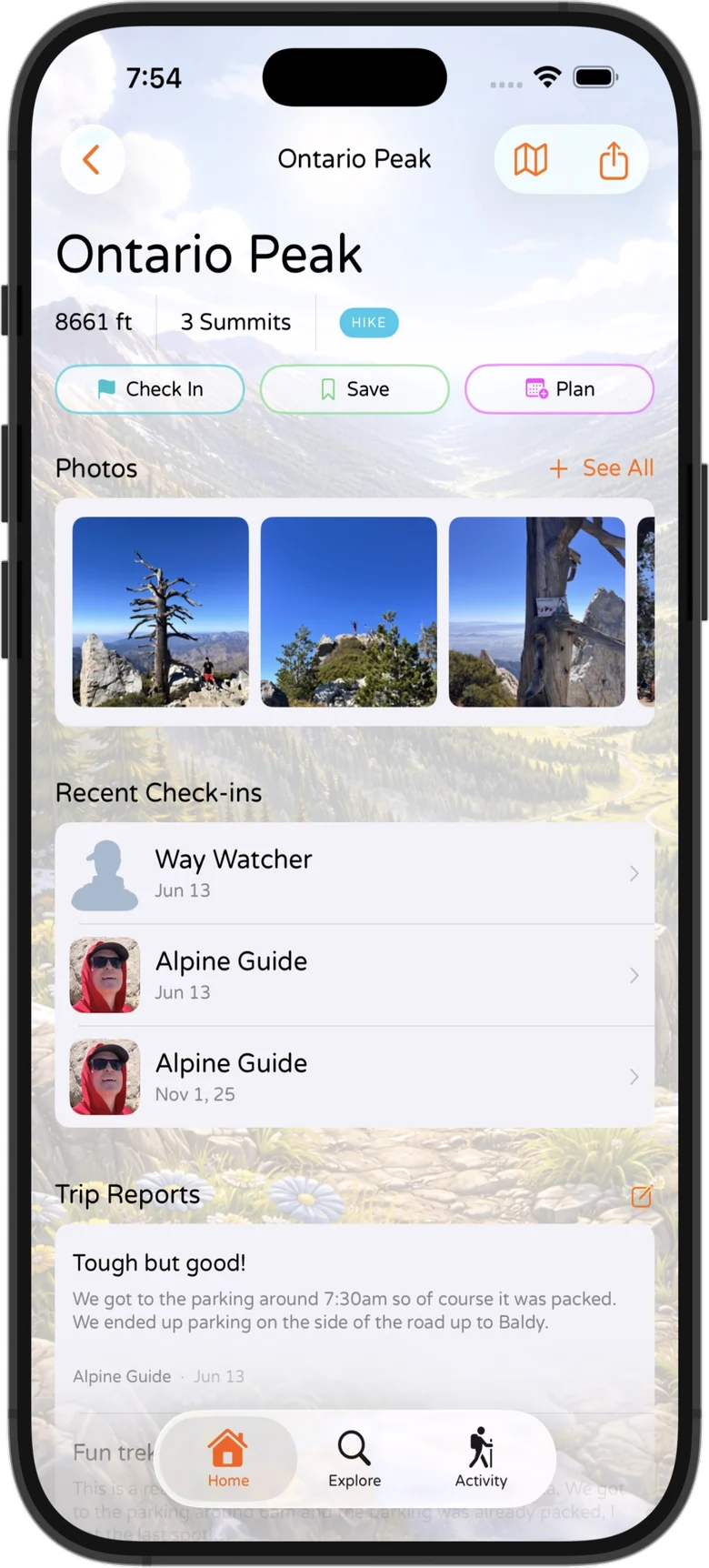 PeakDork iPhone screenshot — the detail page for Ontario Peak, showing elevation, summit count, photos, recent check-ins and trip reports