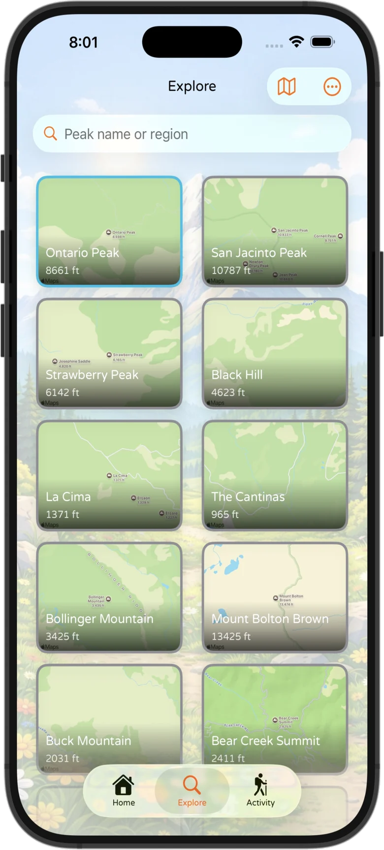 PeakDork iPhone screenshot — the Explore tab, browsing named peaks as map cards with their elevations