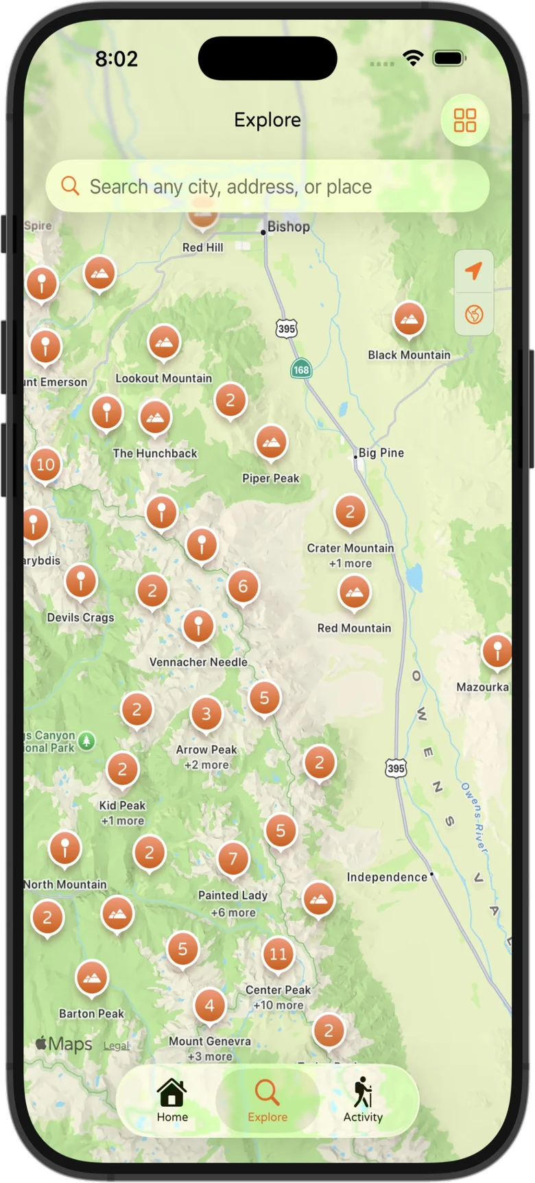 PeakDork iPhone screenshot — the full-screen map, with clustered peak pins across the Sierra Nevada and Owens Valley