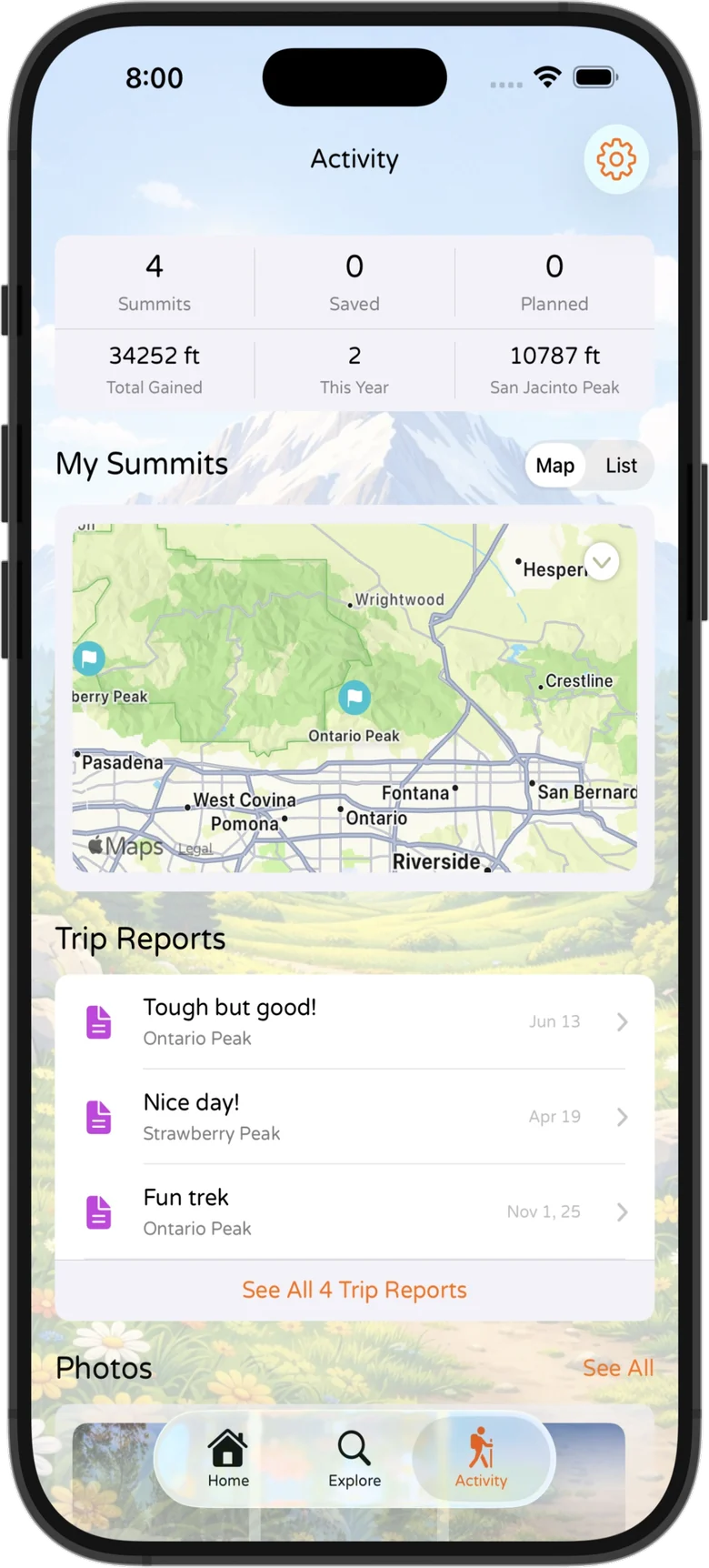 PeakDork iPhone screenshot — the Activity tab, showing summit stats, total elevation gained, a map of your summits and your trip reports